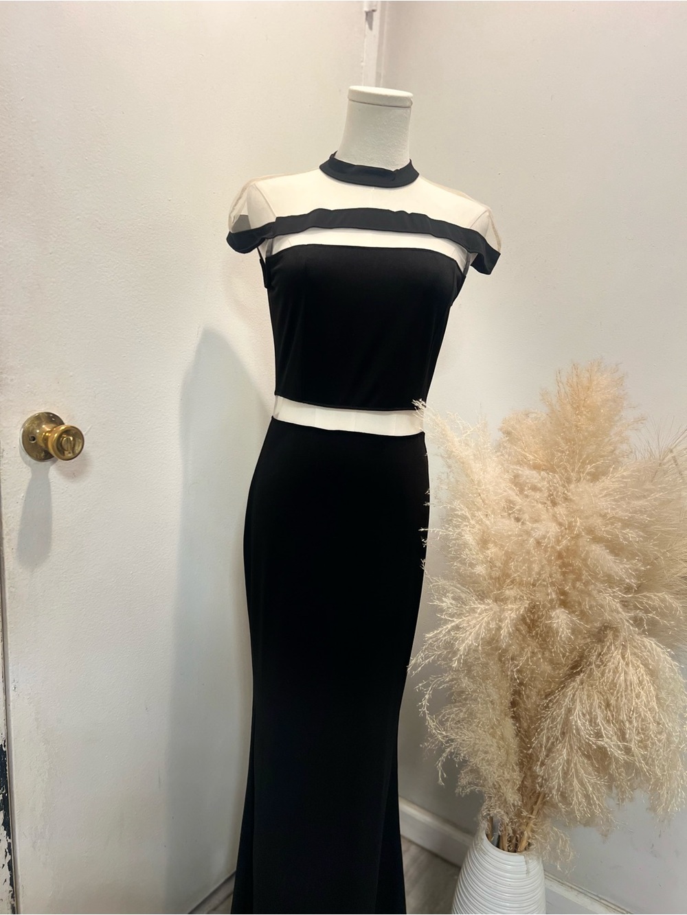 Elegant Black Maxi Dress with White Mesh Accent
